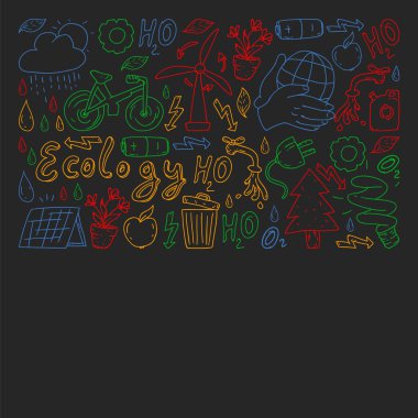 Vektör logosu, tasarım ve rozet trendy çizim tarzı - sıfır atık kavramı, geri dönüşüm ve yeniden, azaltmak - ekolojik yaşam tarzı ve sürdürülebilir gelişmeler simgeleri, siyah arka plan renkli.