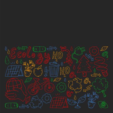 Vektör logosu, tasarım ve rozet trendy çizim tarzı - sıfır atık kavramı, geri dönüşüm ve yeniden, azaltmak - ekolojik yaşam tarzı ve sürdürülebilir gelişmeler simgeleri, siyah arka plan renkli.