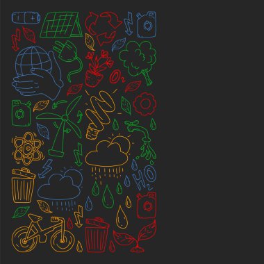 Vektör logosu, tasarım ve rozet trendy çizim tarzı - sıfır atık kavramı, geri dönüşüm ve yeniden, azaltmak - ekolojik yaşam tarzı ve sürdürülebilir gelişmeler simgeleri, siyah arka plan renkli.