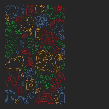 Vektör logosu, tasarım ve rozet trendy çizim tarzı - sıfır atık kavramı, geri dönüşüm ve yeniden, azaltmak - ekolojik yaşam tarzı ve sürdürülebilir gelişmeler simgeleri, siyah arka plan renkli.