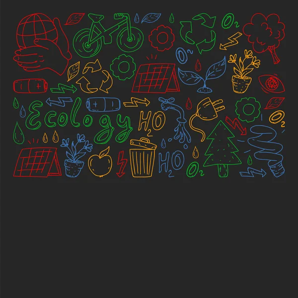Vektor-Logo, Design und Abzeichen im trendigen Zeichenstil - Zero-Waste-Konzept, Recycling und Wiederverwendung, Reduzierung - Symbole für ökologischen Lebensstil und nachhaltige Entwicklung, bunt auf schwarzem Hintergrund. — Stockvektor