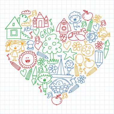 Macera zamanı. Hayal yaratıcılık küçük çocuklar anaokulu anaokulu okul çocukları karalama simgeler desen çizim oynamak, oyun, çalışma, mutlu erkek ve kız ile öğrenmek Uzay keşfedelim.