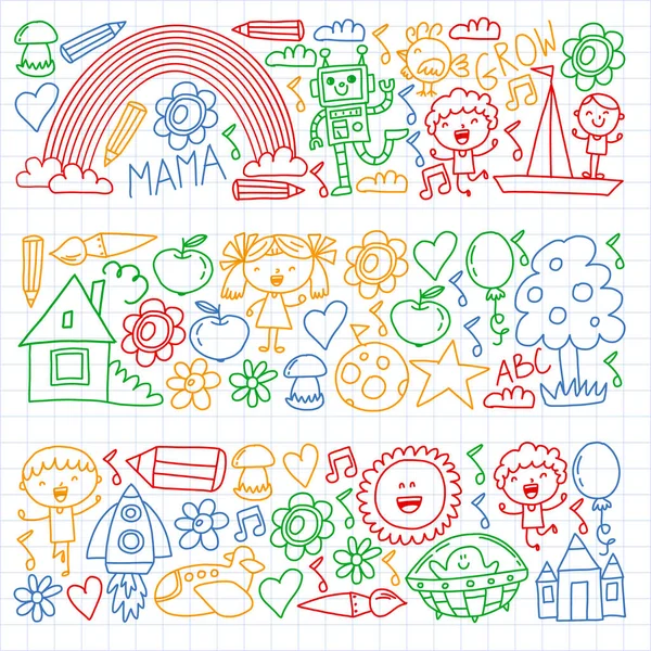 Time to adventure. Imagination creativity small children play nursery kindergarten preschool school kids drawing doodle icons pattern, play, study, learn with happy boys and girls Let's explore space. — Stock Vector