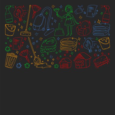 siyah arka plan üzerinde temizlik hizmetleri şirket vektör monokrom desen, renkli tebeşir çizim.