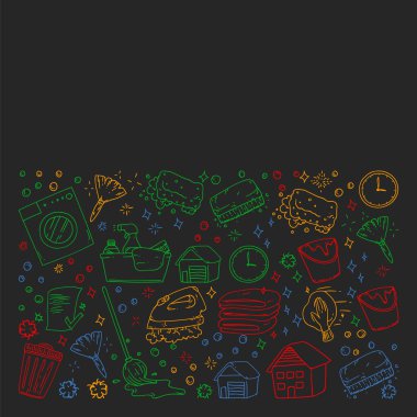 siyah arka plan üzerinde temizlik hizmetleri şirket vektör monokrom desen, renkli tebeşir çizim.