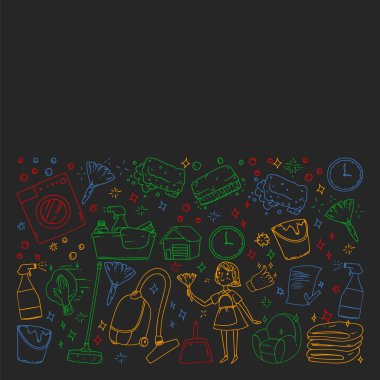 siyah arka plan üzerinde temizlik hizmetleri şirket vektör monokrom desen, renkli tebeşir çizim.