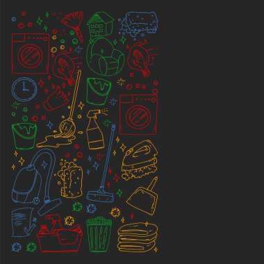 siyah arka plan üzerinde temizlik hizmetleri şirket vektör monokrom desen, renkli tebeşir çizim.