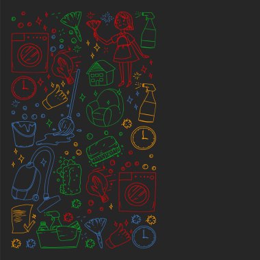 siyah arka plan üzerinde temizlik hizmetleri şirket vektör monokrom desen, renkli tebeşir çizim.