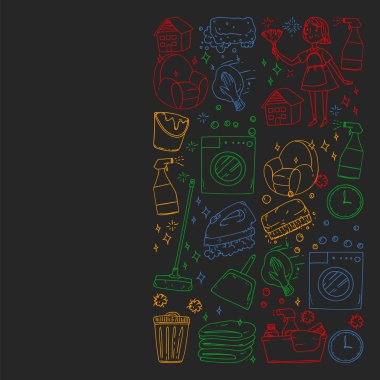 siyah arka plan üzerinde temizlik hizmetleri şirket vektör monokrom desen, renkli tebeşir çizim.