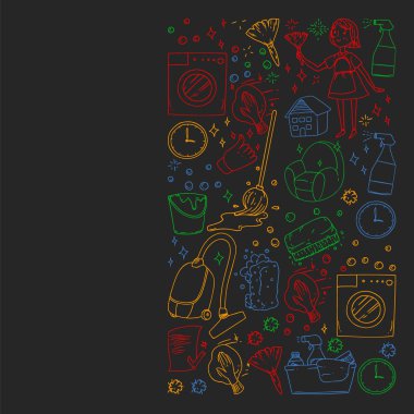 siyah arka plan üzerinde temizlik hizmetleri şirket vektör monokrom desen, renkli tebeşir çizim.