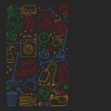 siyah arka plan üzerinde temizlik hizmetleri şirket vektör monokrom desen, renkli tebeşir çizim.