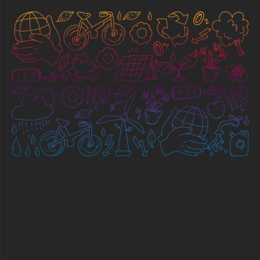 Vektör logosu, tasarım ve rozet trendy çizim tarzı - sıfır atık kavramı, geri dönüşüm ve yeniden, azaltmak - ekolojik yaşam tarzı ve sürdürülebilir gelişmeler simgeleri, siyah arka plan üzerinde renkli gradyan.