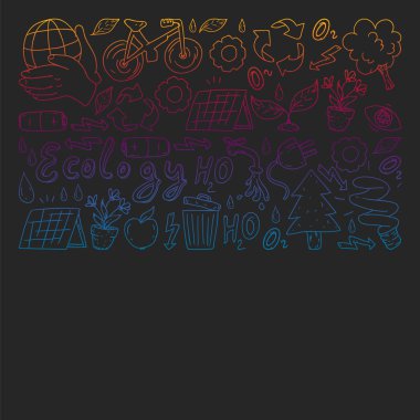 Vektör logosu, tasarım ve rozet trendy çizim tarzı - sıfır atık kavramı, geri dönüşüm ve yeniden, azaltmak - ekolojik yaşam tarzı ve sürdürülebilir gelişmeler simgeleri, siyah arka plan üzerinde renkli gradyan.