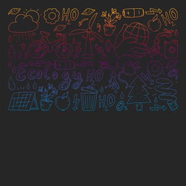 Vektör logosu, tasarım ve rozet trendy çizim tarzı - sıfır atık kavramı, geri dönüşüm ve yeniden, azaltmak - ekolojik yaşam tarzı ve sürdürülebilir gelişmeler simgeleri, siyah arka plan üzerinde renkli gradyan.