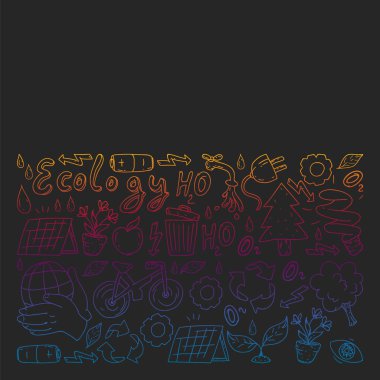 Vektör logosu, tasarım ve rozet trendy çizim tarzı - sıfır atık kavramı, geri dönüşüm ve yeniden, azaltmak - ekolojik yaşam tarzı ve sürdürülebilir gelişmeler simgeleri, siyah arka plan üzerinde renkli gradyan.