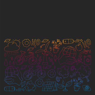 Vektör logosu, tasarım ve rozet trendy çizim tarzı - sıfır atık kavramı, geri dönüşüm ve yeniden, azaltmak - ekolojik yaşam tarzı ve sürdürülebilir gelişmeler simgeleri, siyah arka plan üzerinde renkli gradyan.