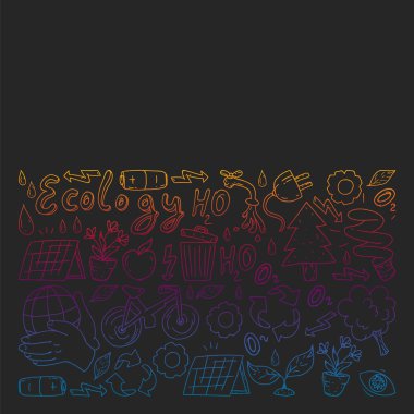 Vektör logosu, tasarım ve rozet trendy çizim tarzı - sıfır atık kavramı, geri dönüşüm ve yeniden, azaltmak - ekolojik yaşam tarzı ve sürdürülebilir gelişmeler simgeleri, siyah arka plan üzerinde renkli gradyan.