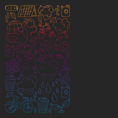 Vektör logosu, tasarım ve rozet trendy çizim tarzı - sıfır atık kavramı, geri dönüşüm ve yeniden, azaltmak - ekolojik yaşam tarzı ve sürdürülebilir gelişmeler simgeleri, siyah arka plan üzerinde renkli gradyan.