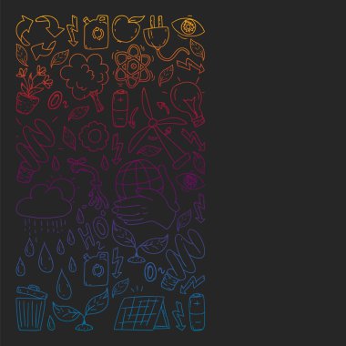 Vektör logosu, tasarım ve rozet trendy çizim tarzı - sıfır atık kavramı, geri dönüşüm ve yeniden, azaltmak - ekolojik yaşam tarzı ve sürdürülebilir gelişmeler simgeleri, siyah arka plan üzerinde renkli gradyan.