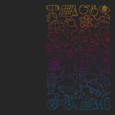 Vektör logosu, tasarım ve rozet trendy çizim tarzı - sıfır atık kavramı, geri dönüşüm ve yeniden, azaltmak - ekolojik yaşam tarzı ve sürdürülebilir gelişmeler simgeleri, siyah arka plan üzerinde renkli gradyan.