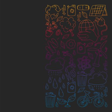 Vektör logosu, tasarım ve rozet trendy çizim tarzı - sıfır atık kavramı, geri dönüşüm ve yeniden, azaltmak - ekolojik yaşam tarzı ve sürdürülebilir gelişmeler simgeleri, siyah arka plan üzerinde renkli gradyan.