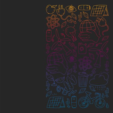 Vektör logosu, tasarım ve rozet trendy çizim tarzı - sıfır atık kavramı, geri dönüşüm ve yeniden, azaltmak - ekolojik yaşam tarzı ve sürdürülebilir gelişmeler simgeleri, siyah arka plan üzerinde renkli gradyan.