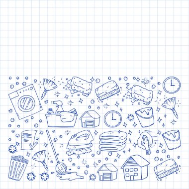 arka planda temizlik hizmetleri şirket vektör monokrom desen, mavi kalem çizim .