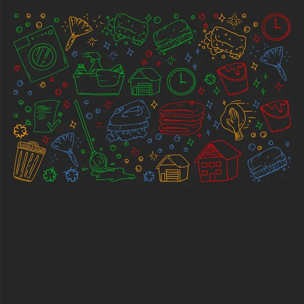 siyah arka plan üzerinde temizlik hizmetleri şirket vektör monokrom desen, renkli tebeşir çizim.