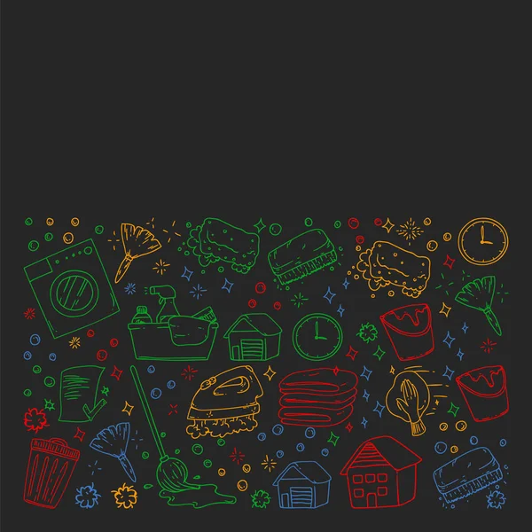 siyah arka plan üzerinde temizlik hizmetleri şirket vektör monokrom desen, renkli tebeşir çizim.