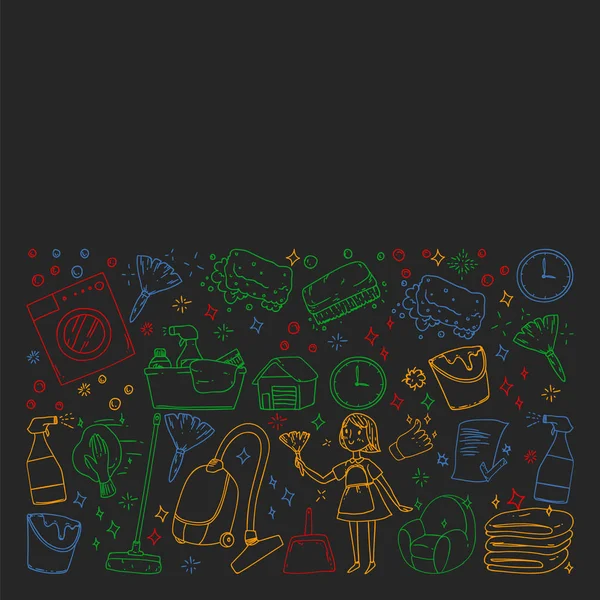 siyah arka plan üzerinde temizlik hizmetleri şirket vektör monokrom desen, renkli tebeşir çizim.