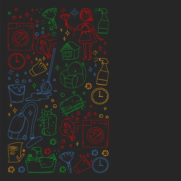 siyah arka plan üzerinde temizlik hizmetleri şirket vektör monokrom desen, renkli tebeşir çizim.