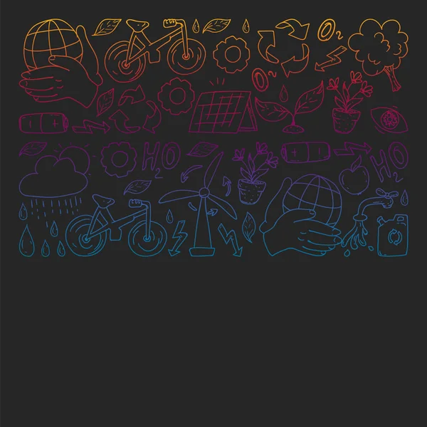 Vektör logosu, tasarım ve rozet trendy çizim tarzı - sıfır atık kavramı, geri dönüşüm ve yeniden, azaltmak - ekolojik yaşam tarzı ve sürdürülebilir gelişmeler simgeleri, siyah arka plan üzerinde renkli gradyan.