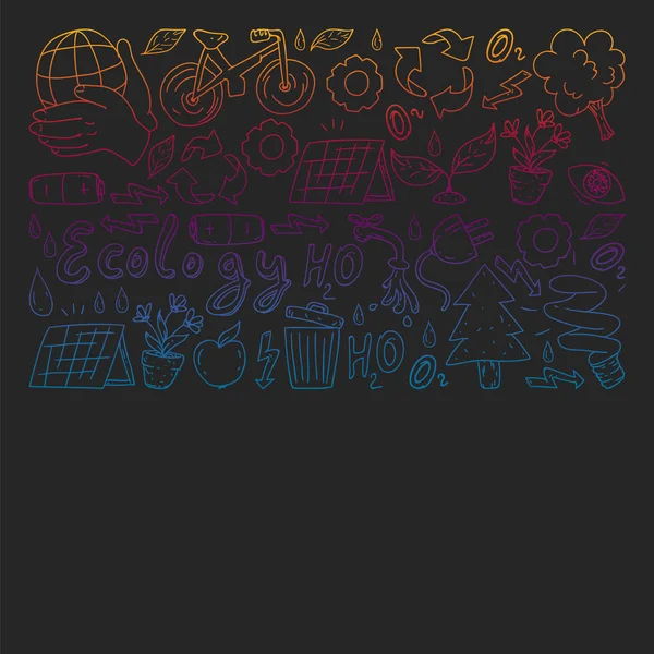 Vektör logosu, tasarım ve rozet trendy çizim tarzı - sıfır atık kavramı, geri dönüşüm ve yeniden, azaltmak - ekolojik yaşam tarzı ve sürdürülebilir gelişmeler simgeleri, siyah arka plan üzerinde renkli gradyan.