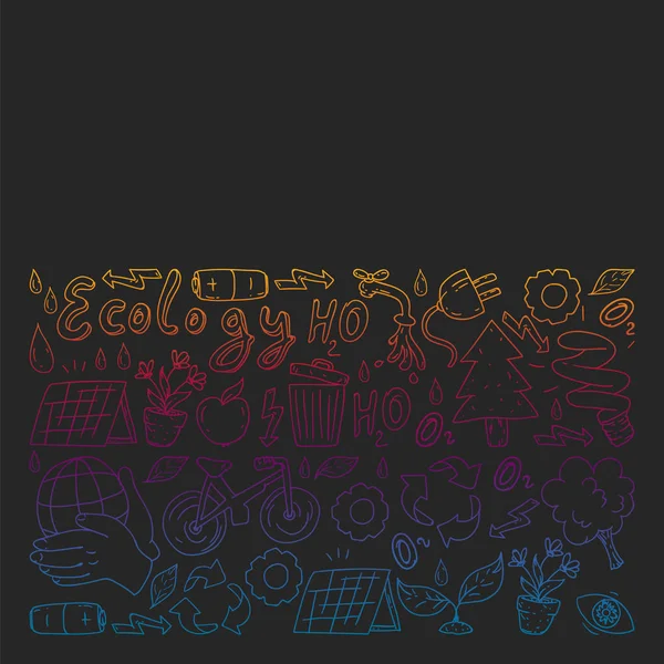 Vektör logosu, tasarım ve rozet trendy çizim tarzı - sıfır atık kavramı, geri dönüşüm ve yeniden, azaltmak - ekolojik yaşam tarzı ve sürdürülebilir gelişmeler simgeleri, siyah arka plan üzerinde renkli gradyan.