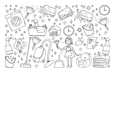 beyaz arka plan üzerinde temizlik hizmetleri şirket vektör monokrom desen, çizim.