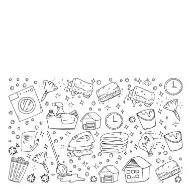 beyaz arka plan üzerinde temizlik hizmetleri şirket vektör monokrom desen, çizim.