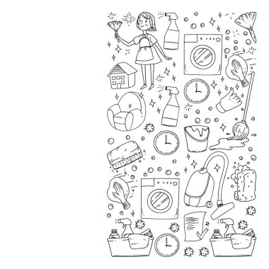 beyaz arka plan üzerinde temizlik hizmetleri şirket vektör monokrom desen, çizim.