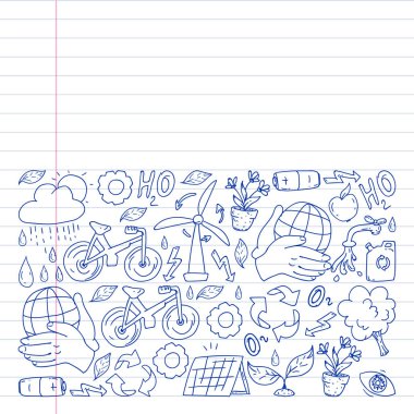 beyaz arka plan üzerinde temizlik hizmetleri şirket vektör monokrom desen, çizim kalem, defterler astarlı