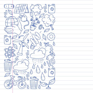 beyaz arka plan üzerinde temizlik hizmetleri şirket vektör monokrom desen, çizim kalem, defterler astarlı