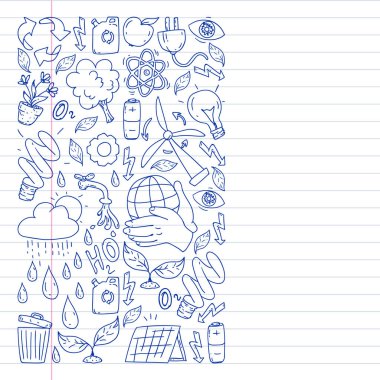 beyaz arka plan üzerinde temizlik hizmetleri şirket vektör monokrom desen, çizim kalem, defterler astarlı