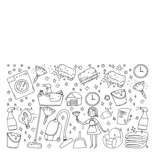 beyaz arka plan üzerinde temizlik hizmetleri şirket vektör monokrom desen, çizim.