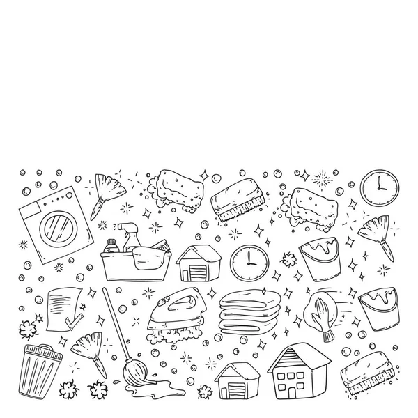 beyaz arka plan üzerinde temizlik hizmetleri şirket vektör monokrom desen, çizim.