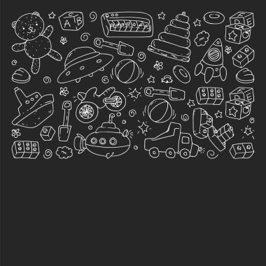 Anaokulu, oyuncak çocuklar ile vektör desen. Mutlu çocuklar illüstrasyon. tahta üzerinde tek renkli tebeşir çizim.