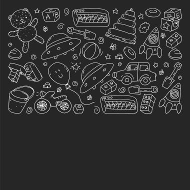 Anaokulu, oyuncak çocuklar ile vektör desen. Mutlu çocuklar illüstrasyon. tahta üzerinde tek renkli tebeşir çizim.