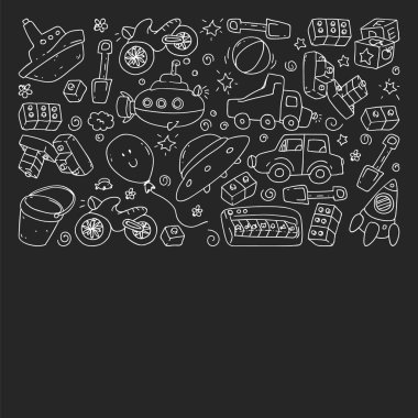 Anaokulu, oyuncak çocuklar ile vektör desen. Mutlu çocuklar illüstrasyon. tahta üzerinde tek renkli tebeşir çizim.