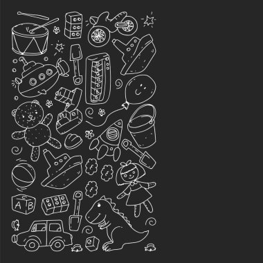 Anaokulu, oyuncak çocuklar ile vektör desen. Mutlu çocuklar illüstrasyon. tahta üzerinde tek renkli tebeşir çizim.