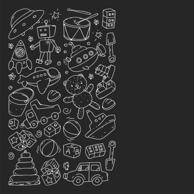 Anaokulu, oyuncak çocuklar ile vektör desen. Mutlu çocuklar illüstrasyon. tahta üzerinde tek renkli tebeşir çizim.