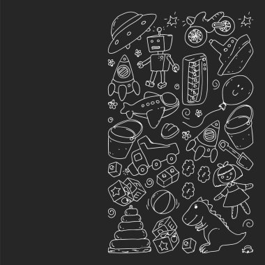 Anaokulu, oyuncak çocuklar ile vektör desen. Mutlu çocuklar illüstrasyon. tahta üzerinde tek renkli tebeşir çizim.