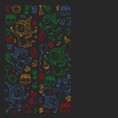 Karikatür tarzında Vektör illüstrasyon, eğlenceli okul öncesi çocuklar atlama aktif şirket, bir partide, doğum günü. renkli, kara tahta üzerinde tebeşir çizim.