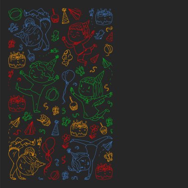 Karikatür tarzında Vektör illüstrasyon, eğlenceli okul öncesi çocuklar atlama aktif şirket, bir partide, doğum günü. renkli, kara tahta üzerinde tebeşir çizim.